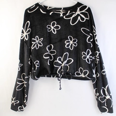 No Boundaries Long Sleeve Black/White Soft Flower Drawstring Front Top XXXL