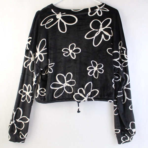 No Boundaries Long Sleeve Black/White Soft Flower Drawstring Front Top XXXL