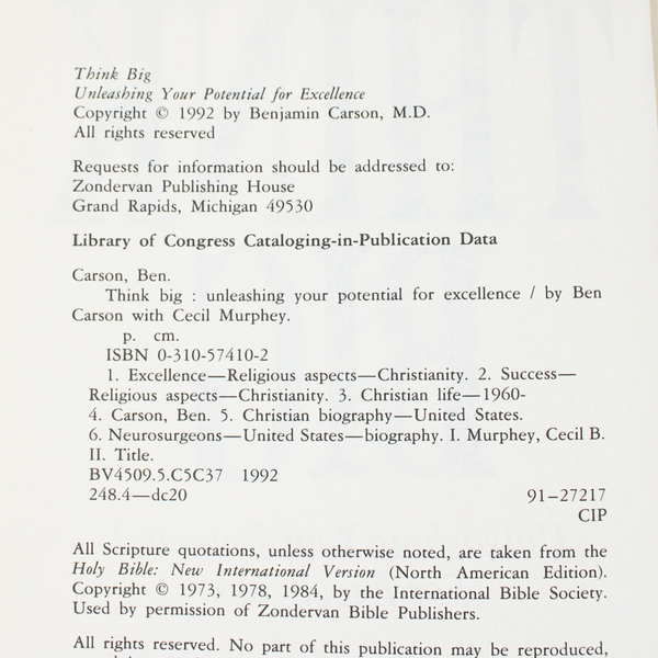 Think Big by Ben Carson with Cecil Murphey 1992 Hardcover Dust Jacket Ex-Library