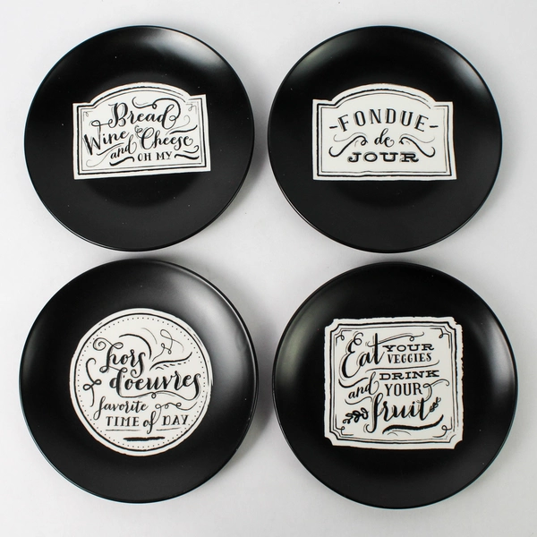 Pier 1 Imports Appetizer Plates Set of 4 In Box Black/White 6" Diameter Ceramic