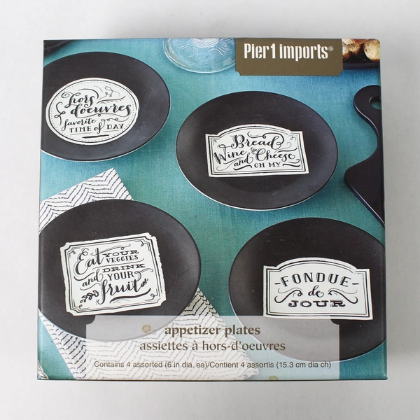 Pier 1 Imports Appetizer Plates Set of 4 In Box Black/White 6" Diameter Ceramic