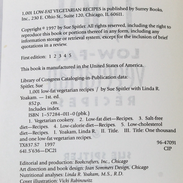 1001 Low-Fat Vegetarian Recipes by Sue Spitler, 1997 Cookbook, Pre-Owned