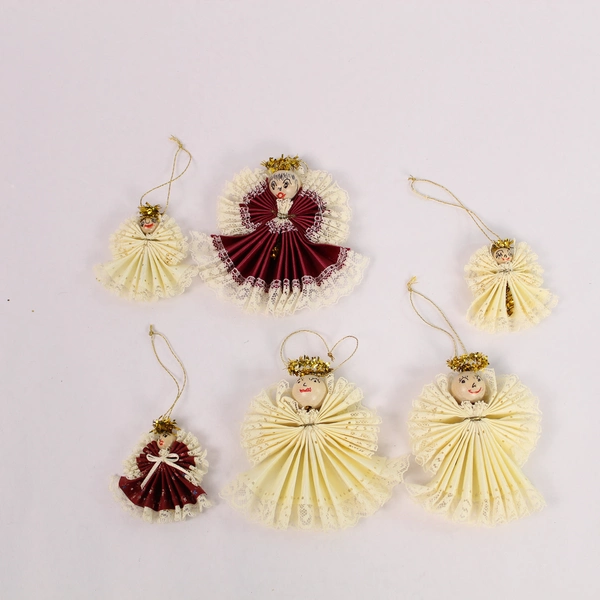 Lot of 8 Handmade Angel Christmas Ornaments - Cream White Burgundy Decor