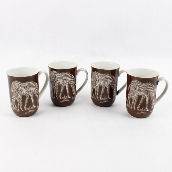 Set of 4 Safari By Shafford Brown Coffee Mugs With A White Zebra And Calf