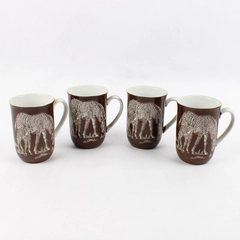 Set of 4 Safari By Shafford Brown Coffee Mugs With A White Zebra And Calf
