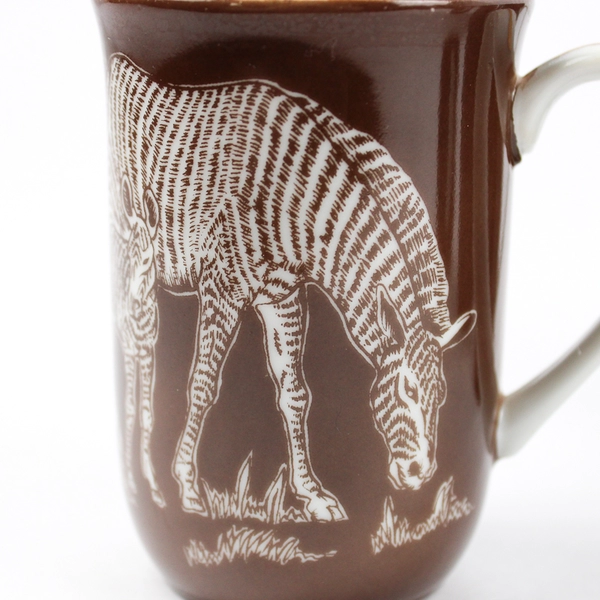 Set of 4 Safari By Shafford Brown Coffee Mugs With A White Zebra And Calf