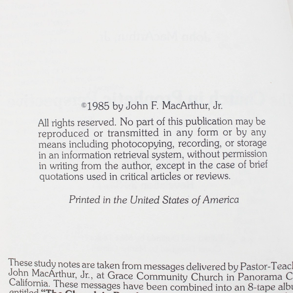 The Church In Prophetic Perspective John Macarthur Jr. 1985 Word Of Grace PB