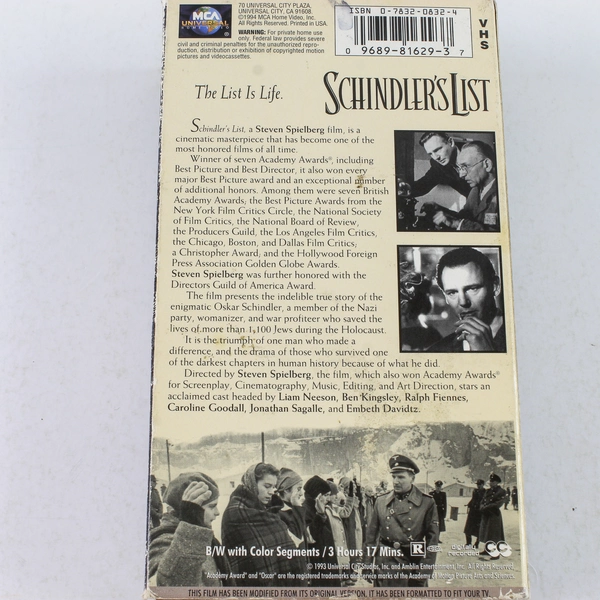 Schindler's List VHS 1997 2-Tape Set - Classic Cinema, Pre-Owned, Untested