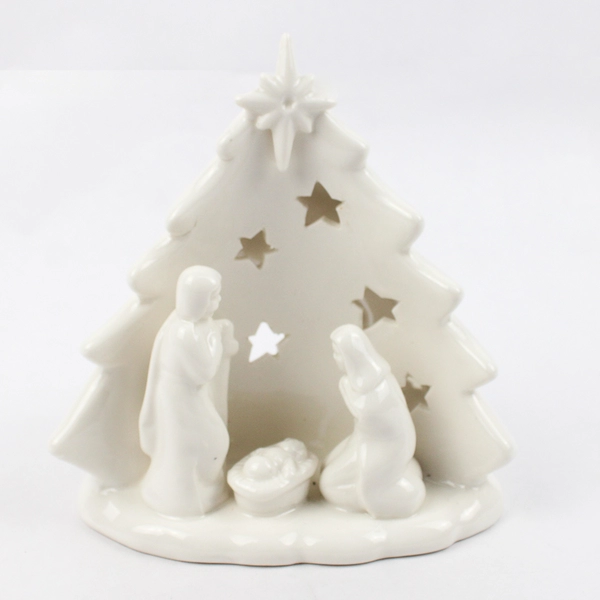 White Ceramic Christmas Tree Shaped Nativity Tealight or Votive Candle Holder