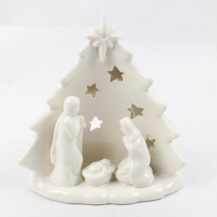 White Ceramic Christmas Tree Shaped Nativity Tealight or Votive Candle Holder
