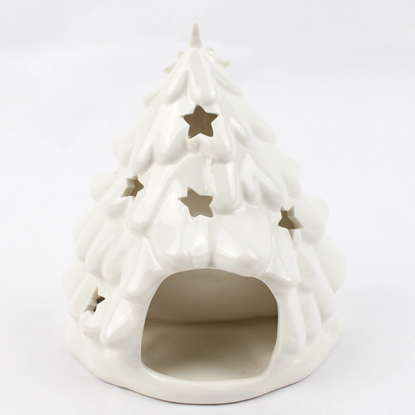 White Ceramic Christmas Tree Shaped Nativity Tealight or Votive Candle Holder