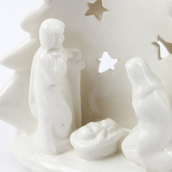 White Ceramic Christmas Tree Shaped Nativity Tealight or Votive Candle Holder