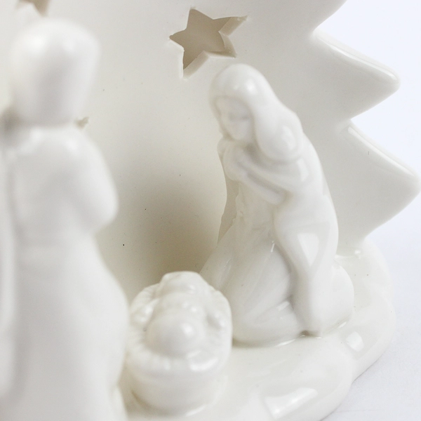 White Ceramic Christmas Tree Shaped Nativity Tealight or Votive Candle Holder