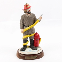 Vintage Flambro Emmitt Kelly Jr. Porcelain Clown Fireman Figurine With Wood Base