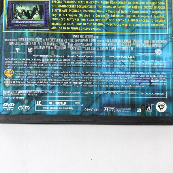 Swordfish DVD 2001 John Travolta Warner Bros Crime Drama - Pre-Owned