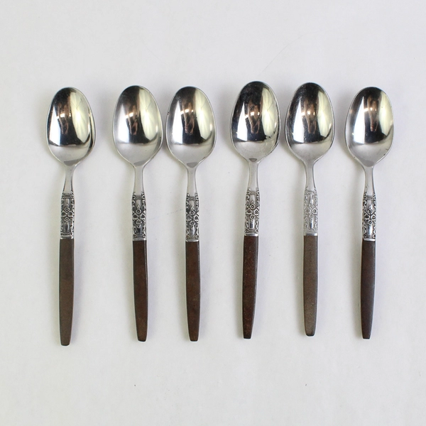 Lot of 6 Oneida Northland Napa Valley 6.5" Teaspoons Stainless Wood