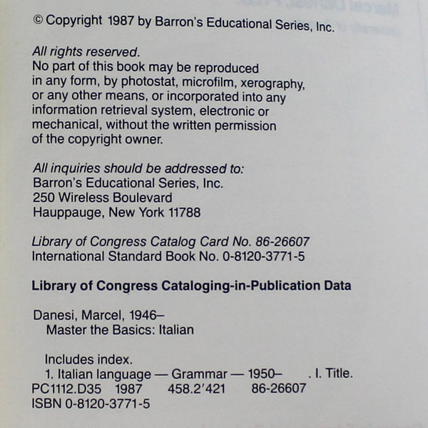 Master the Basics Italian by Marcel Danesi 1987 Paperback - Barron's