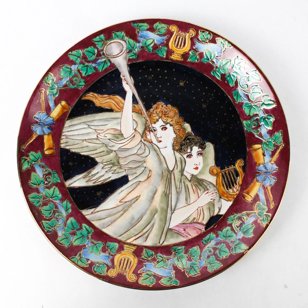 Decorative Plate Featuring Angels Playing Horn And Lyre Vine Pattern Rim 10.25"