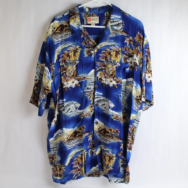 The Hawaiian Original Blue Ukulele Tropical Pattern Collar Button Down Men's XL