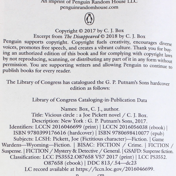 Vicious Circle By C J Box A Joe Pickett Novel 2018 Paperback