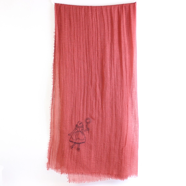 Women's Red Scarf with Embroidered Anthropomorphic Bird Design 74"