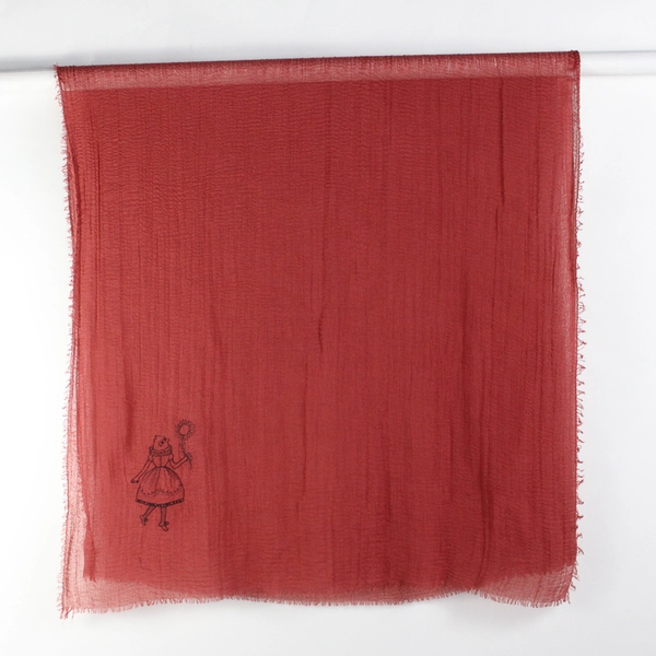 Women's Red Scarf with Embroidered Anthropomorphic Bird Design 74"