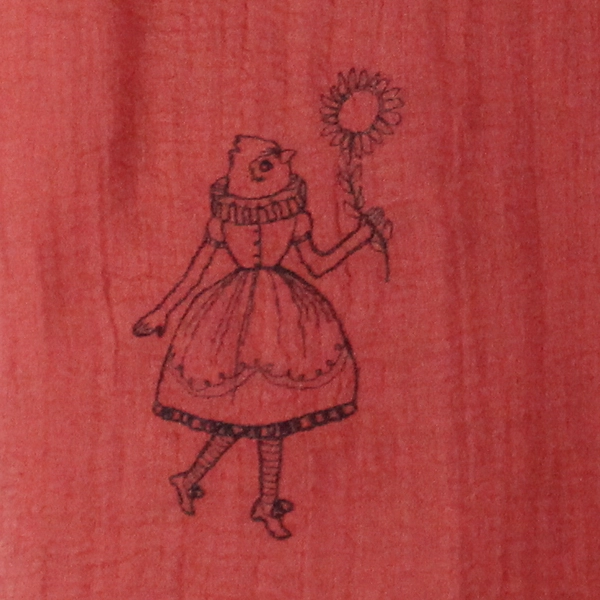 Women's Red Scarf with Embroidered Anthropomorphic Bird Design 74"