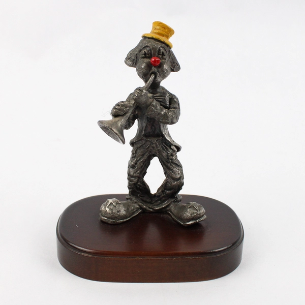 1983 George Good Pewter Trumpet Player Clown Figurine With Wood base