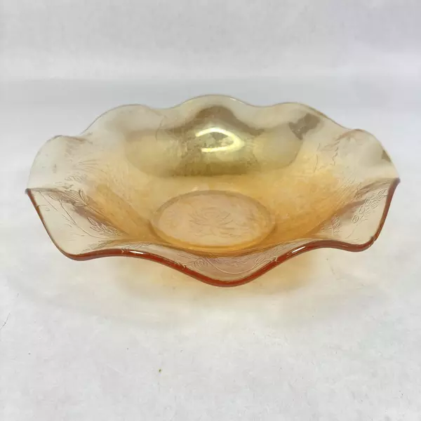 Vintage Jeannette Glass Floragold Ruffled Bowl 9.75" - Small Chip Present