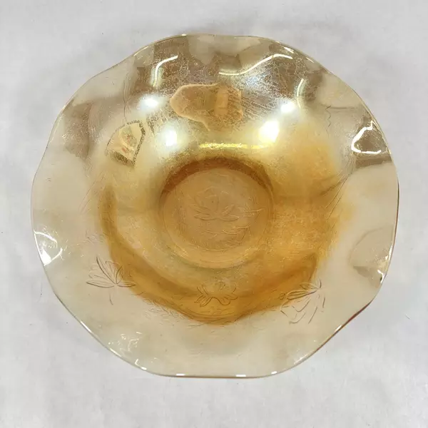 Vintage Jeannette Glass Floragold Ruffled Bowl 9.75" - Small Chip Present