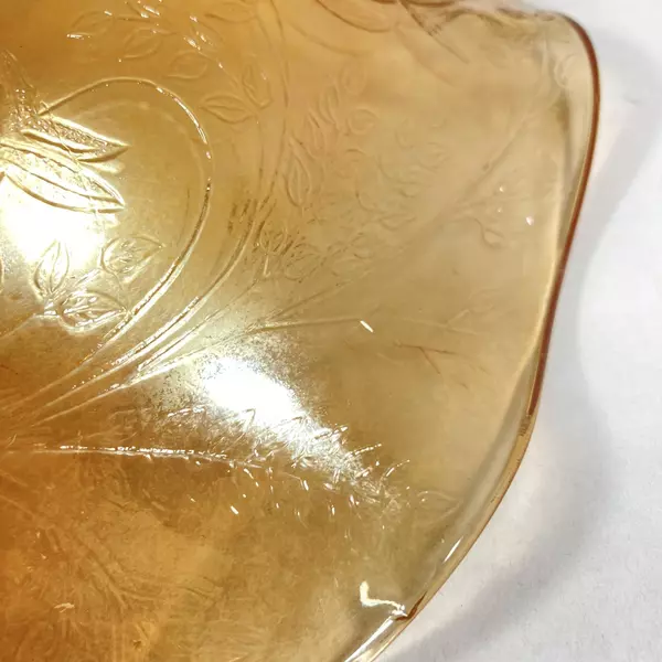 Vintage Jeannette Glass Floragold Ruffled Bowl 9.75" - Small Chip Present