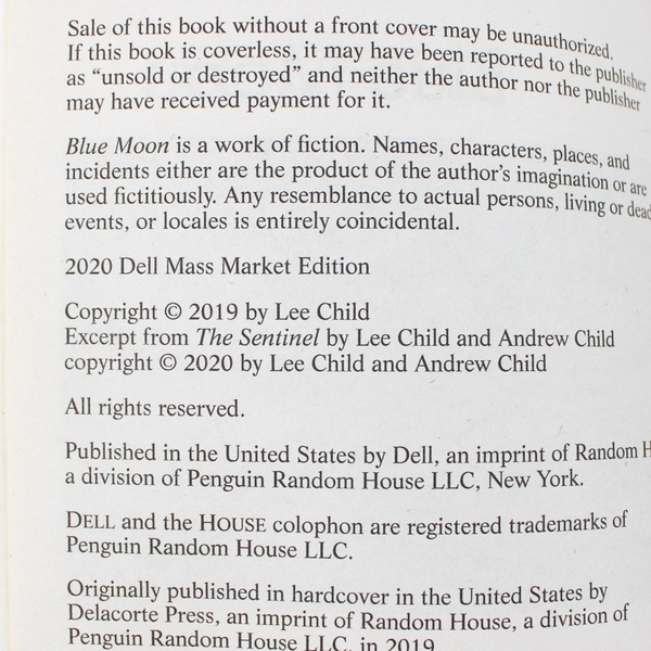 Blue Moon by Lee Child 2020 A Jack Reacher Novel Paperback