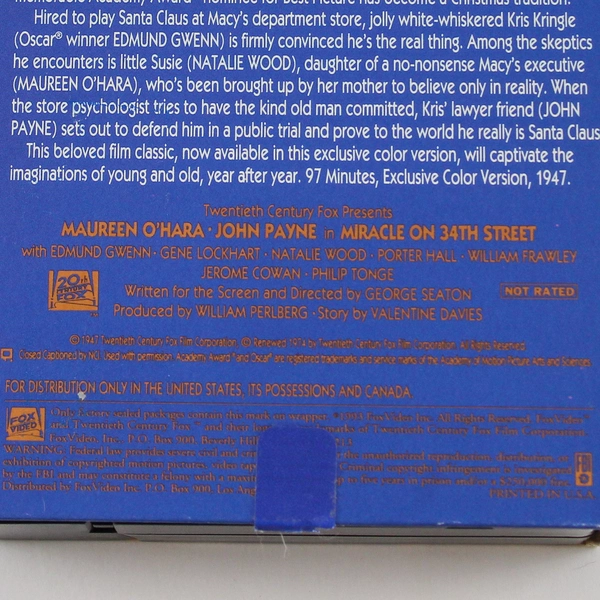 Miracle on 34th Street VHS 1993 Holiday Classic Color 20th Century Fox, Good