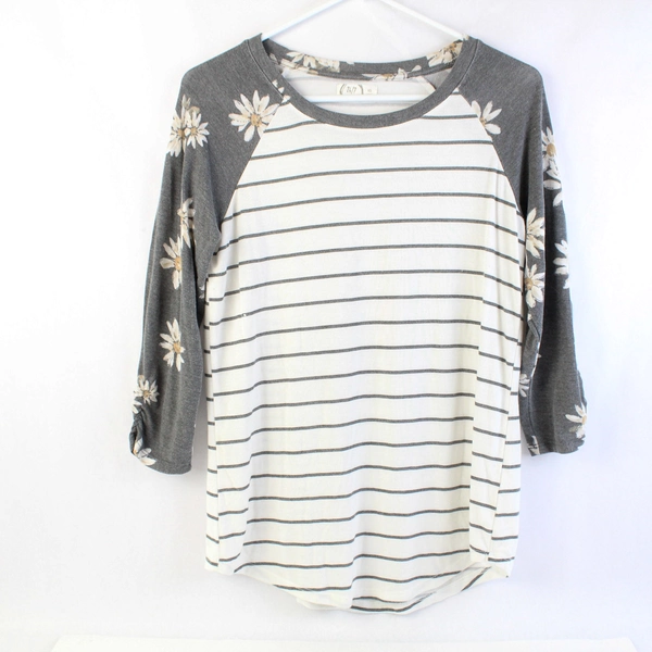 24/7 by Maurices Gray and White Striped Floral Shirt Women's XS