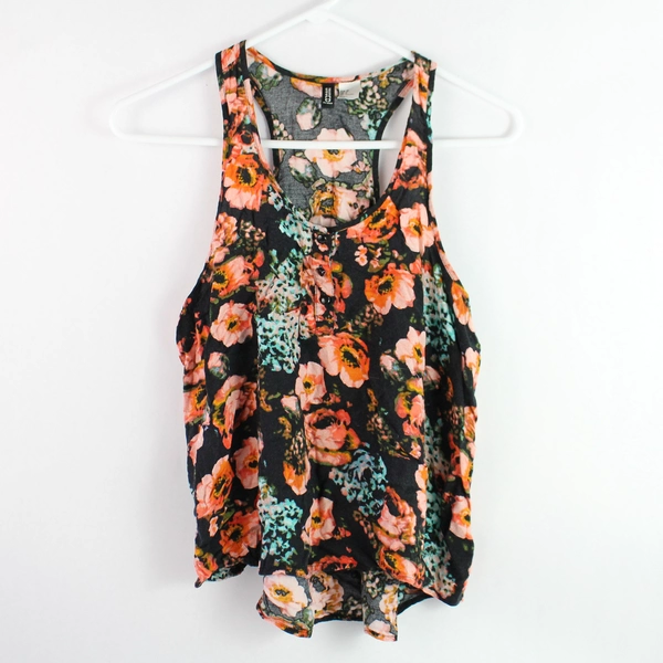 Divided by H&M Women's Black Floral Racerback Tank Top Size 8 Asymmetrical Hem