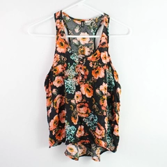 Divided by H&M Women's Black Floral Racerback Tank Top Size 8 Asymmetrical Hem
