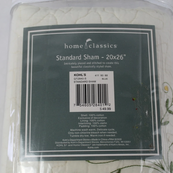 Home Classics 20x26" Standard Sham Flower Embroidery Very Good Condition