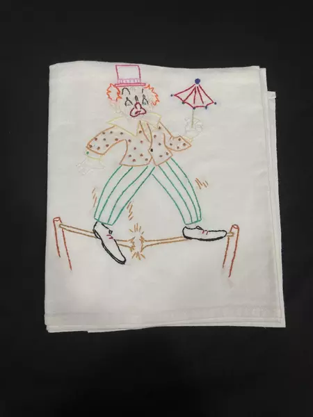 Hand Embroidered Clown Tablecloth 27"x35" Cotton - Fun & Whimsical Decor