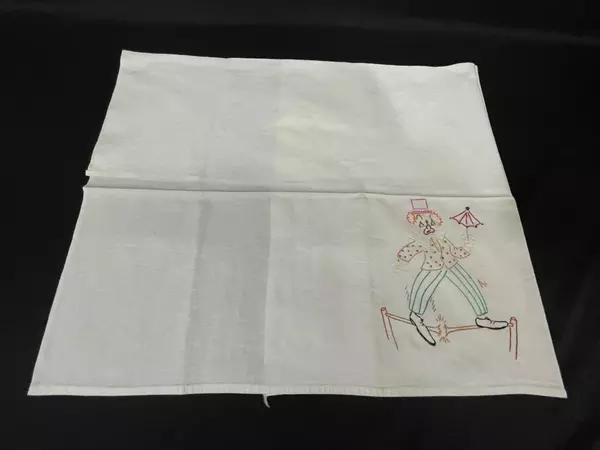 Hand Embroidered Clown Tablecloth 27"x35" Cotton - Fun & Whimsical Decor