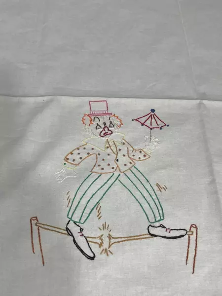 Hand Embroidered Clown Tablecloth 27"x35" Cotton - Fun & Whimsical Decor