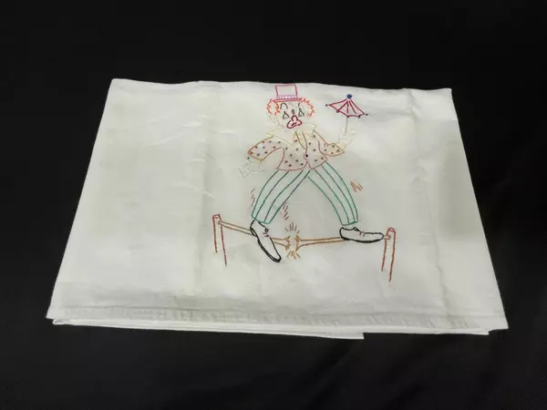 Hand Embroidered Clown Tablecloth 27"x35" Cotton - Fun & Whimsical Decor