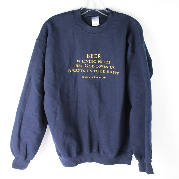 Gildan Sweatshirt Men's Size Medium Navy Blue Benjamin Franklin Beer Quote