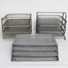 3 Silver Gray Wire Mesh Desk Organizers File Sorter & Pull Out Baskets