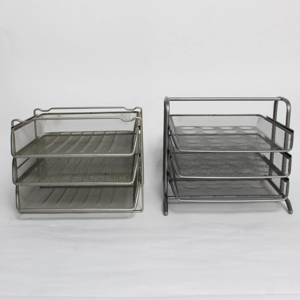 3 Silver Gray Wire Mesh Desk Organizers File Sorter & Pull Out Baskets
