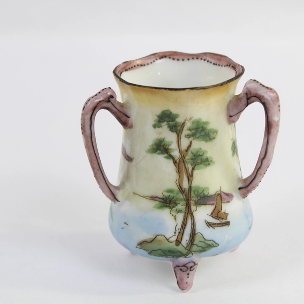 Vtg Hand Painted S&K Nippon 3-Handled Loving Cup, Chip & Cracks, Collectible