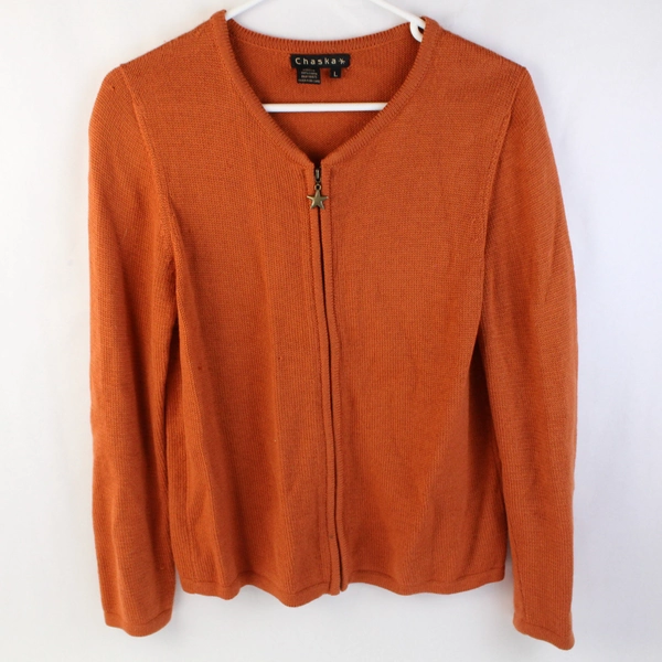 Chaska Full Zip Orange Cardigan Sweater 100% Llama Knit Women's Size Large