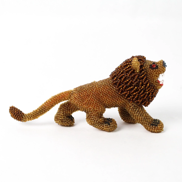 Beaded African Art Lion Figurine Handmade Beadwork Sculpture 6.5" Decorative
