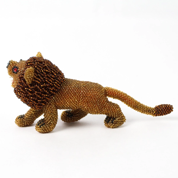 Beaded African Art Lion Figurine Handmade Beadwork Sculpture 6.5" Decorative