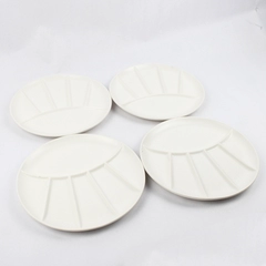 Set of 4 White Ceramic Hand Painted 6 Section Divided Snack Plates Japan 9 Inch