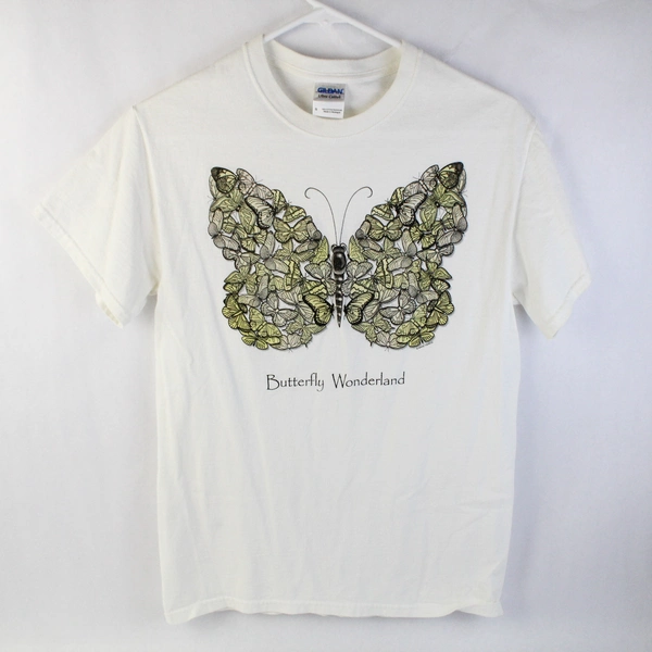 Gildan White Short Sleeve T-Shirt Butterfly Wonderland Design Size S 100% Cotton
